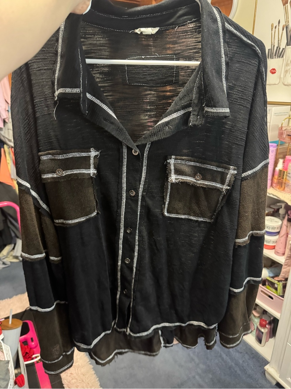 POL Black Sheer Button-Down with White Contrast Trim